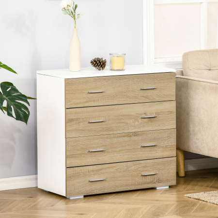 Comoda cu 4 Sertare, Manere din Aluminiu si Structura din Lemn, 76x35x72cm, Alb si Stejar [1]