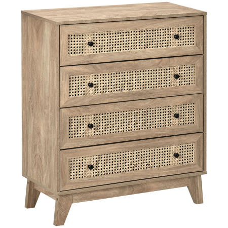 Living & hol -  Comoda cu 4 Sertare si Insertii din Rattan Stil Boho, 80x35x95 cm, Lemn Natural