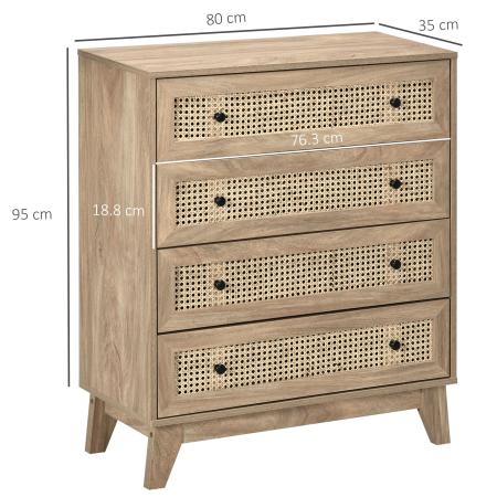  Comoda cu 4 Sertare si Insertii din Rattan Stil Boho, 80x35x95 cm, Lemn Natural [2]