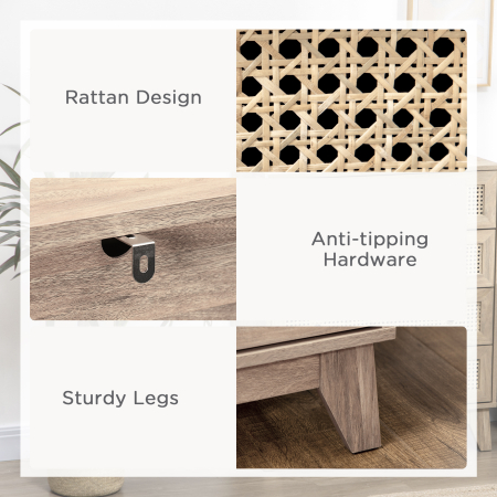  Comoda cu 4 Sertare si Insertii din Rattan Stil Boho, 80x35x95 cm, Lemn Natural [5]