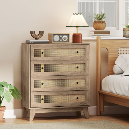  Comoda cu 4 Sertare si Insertii din Rattan Stil Boho, 80x35x95 cm, Lemn Natural [1]