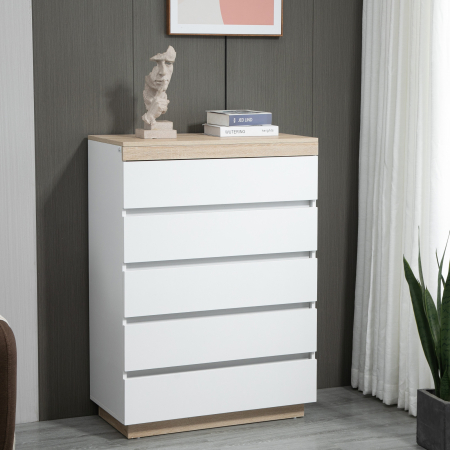  Comoda cu 5 Sertare din Lemn, Comoda pentru Dormitor cu Dispozitiv Anti-Rasturnare, 80x40x109 cm, Alb [1]