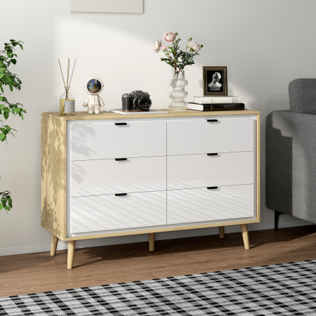  Comoda cu 6 Sertare din Lemn pentru Dormitor, 110x40x75 cm, Alb Lucios si Stejar [1]