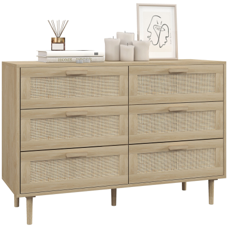Living & hol -  Comoda cu 6 Sertare din Lemn si Ratan Stil Boho pentru Living si Dormitor, 110x40x75 cm