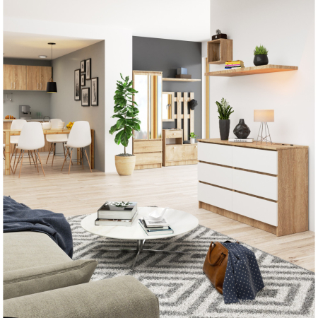 Comoda cu 6 sertare, PAL laminat, 120x40x77 cm, stejar sonoma si alb mat [5]