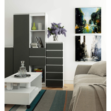 Comoda cu 6 sertare, PAL laminat 16 mm, 40x35x109 cm, alb si gri [2]