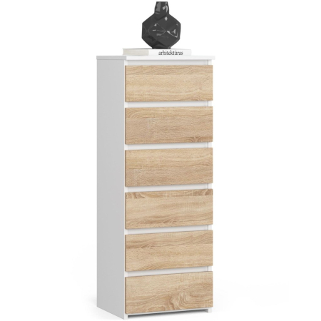 Living & hol - Comoda cu 6 sertare, PAL laminat 16 mm, 40x35x109 cm, alb si stejar sonoma