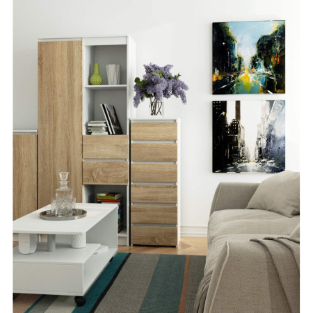 Comoda cu 6 sertare, PAL laminat 16 mm, 40x35x109 cm, alb si stejar sonoma [3]