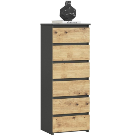 Comode - Comoda cu 6 sertare, PAL laminat 16 mm, 40x35x109 cm, gri si stejar artisan