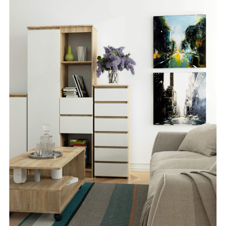 Comoda cu 6 sertare, PAL laminat 16 mm, 40x35x109 cm, stejar sonoma si alb [2]