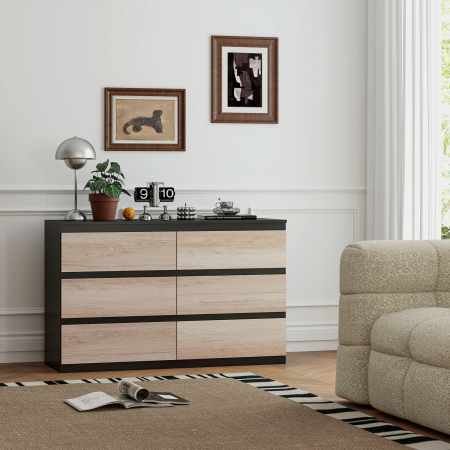  Comoda cu 6 Sertare pentru Dormitor din Lemn cu sine Metalice, 120x39x75 cm, Neagra si de Culoarea Lemnului [6]