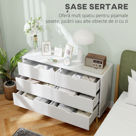  Comoda cu 6 Sertare si Manere, Comoda din Lemn de Pin si Melamina, 120x40x76 cm, Alb [4]