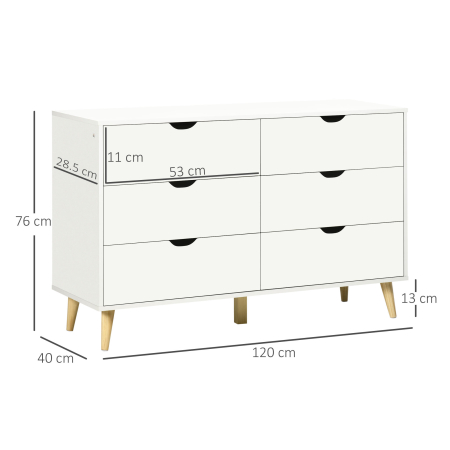  Comoda cu 6 Sertare si Manere, Comoda din Lemn de Pin si Melamina, 120x40x76 cm, Alb [2]