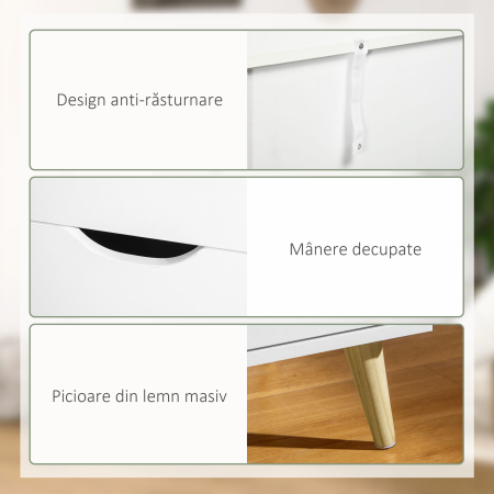  Comoda cu 6 Sertare si Manere, Comoda din Lemn de Pin si Melamina, 120x40x76 cm, Alb [5]