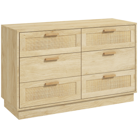 Living & hol -  Comoda cu 6 sertare stil boho pentru dormitor si hol, din lemn si ratan, 110x40x69 cm, stejar