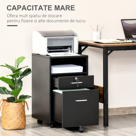  Comoda de Birou cu 2 Sertare si Raft Deschis, Mobilier cu 5 Rotile, incuietoare si 2 Chei, 39x40x65 cm, Negru [6]