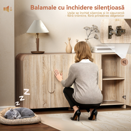  Comoda de Bucatarie cu 2 Dulapuri, Usi Soft-Close si Rafturi Reglabile, 157x39x82 cm, Lemn Natural [5]