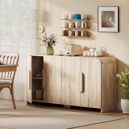  Comoda de Bucatarie cu 2 Dulapuri, Usi Soft-Close si Rafturi Reglabile, 157x39x82 cm, Lemn Natural [1]