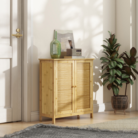  Comoda in Stil Boho din Rattan si Bambus, Dulap cu 2 Usi si Raft Interior, 60x27x67.5 cm, Lemn Natural [7]