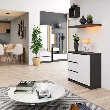 Comoda JERRY cu 3 sertare si dulap cu rafturi, PAL laminat, 80x35x77 cm, gri grafit si alb [3]