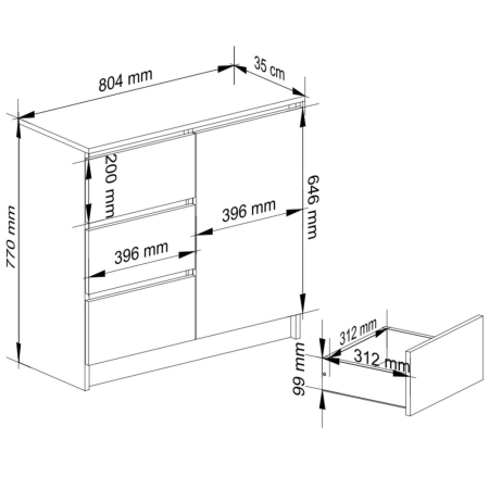 Comoda JERRY cu 3 sertare si dulap cu rafturi, PAL laminat, 80x35x77 cm, stejar sonoma [1]