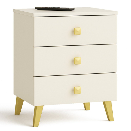 Noptiere - Comoda K-03 cu 3 sertare, PAL laminat 16 mm, 40x37x58 cm, bej si auriu