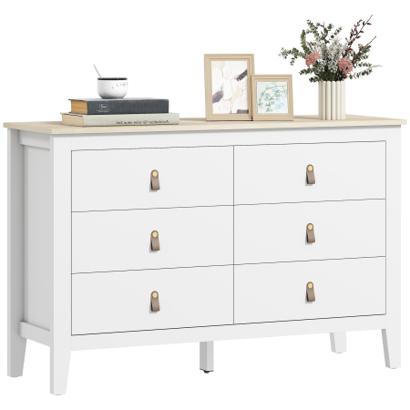 Living & hol -  Comoda pentru Dormitor cu 6 Sertare si Manere din Piele Ecologica, 120x40x78 cm, Alba