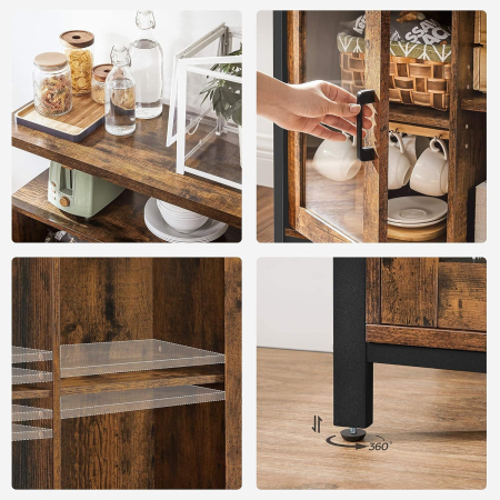 Comoda tip bufet, cu 2 usi cu sticla, rafuri reglabile, stil industrial, 100x35x80cm, maro rustic [3]