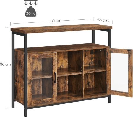 Comoda tip bufet, cu 2 usi cu sticla, rafuri reglabile, stil industrial, 100x35x80cm, maro rustic [4]