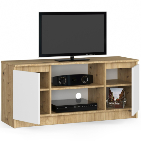 Comoda TV cu 2 usi si o polita, PAL laminat 16 mm, 120x40x55 cm, stejar artisan si alb [1]
