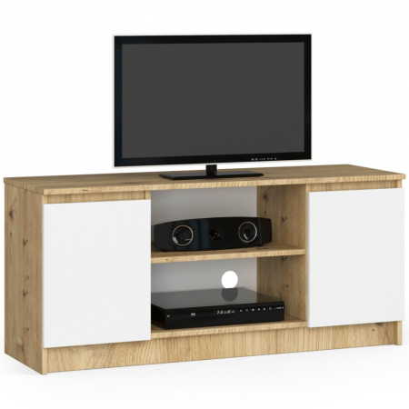 Living & hol - Comoda TV cu 2 usi si o polita, PAL laminat 16 mm, 120x40x55 cm, stejar artisan si alb