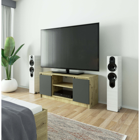 Comoda TV cu 2 usi si o polita, PAL laminat 16 mm, 120x40x55 cm, stejar artisan si gri [3]
