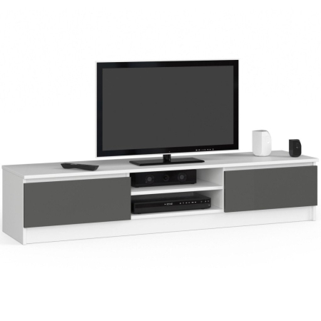 Living & hol - Comoda TV cu 2 usi si rafturi centrale, PAL laminat, 160x40x33 cm, alb si gri