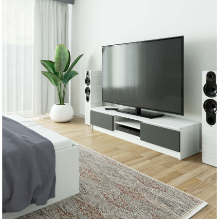 Comoda TV cu 2 usi si rafturi centrale, PAL laminat, 160x40x33 cm, alb si gri [4]