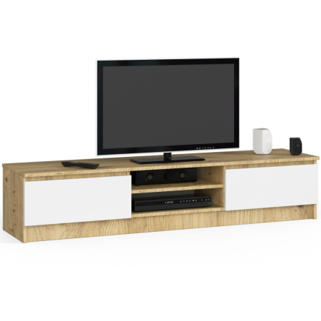 Living & hol - Comoda TV cu 2 usi si rafturi centrale, PAL laminat, 160x40x33 cm, stejar artisan si alb