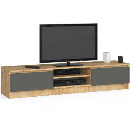 Living & hol - Comoda TV cu 2 usi si rafturi centrale, PAL laminat, 160x40x33 cm, stejar artisan si gri