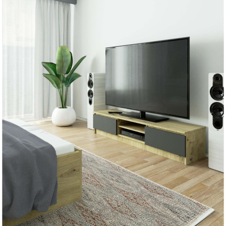 Comoda TV cu 2 usi si rafturi centrale, PAL laminat, 160x40x33 cm, stejar artisan si gri [3]