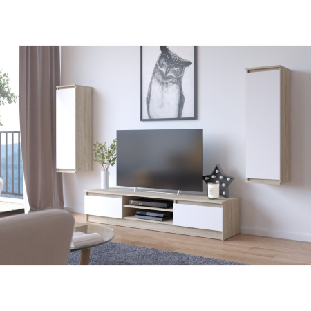 Comoda TV cu 2 usi si rafturi centrale, PAL laminat, 160x40x33 cm, stejar sonoma si alb [4]