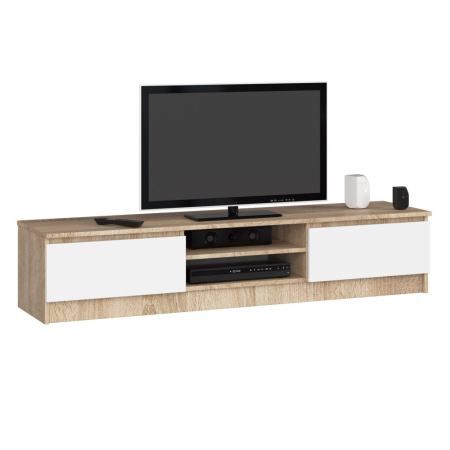 Living & hol - Comoda TV cu 2 usi si rafturi centrale, PAL laminat, 160x40x33 cm, stejar sonoma si alb