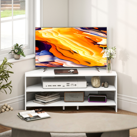  Comoda TV de Colt 47" max cu 2 Rafturi Deschise din Lemn Alb [6]