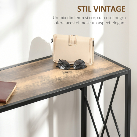 Consola 120cm, masa canapea industriala cu cadru metalic pentru sufragerie, hol, maro [4]