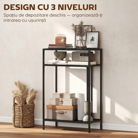  Consola cu Rafturi Deschise pe 3 Niveluri, din Otel, 55x30x85 cm, Negru [3]
