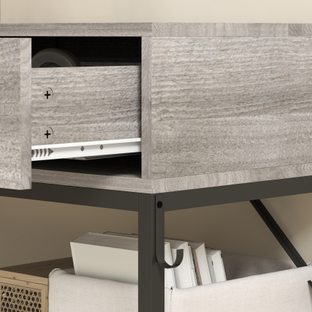  Consola de Intrare cu 2 Sertare, 2 Rafturi din Plasa si Carlig Lateral, Consola in Lemn si Metal, Masuta de Intrare pentru Dormitor, 100x35x92 cm, Gri Deschis [7]