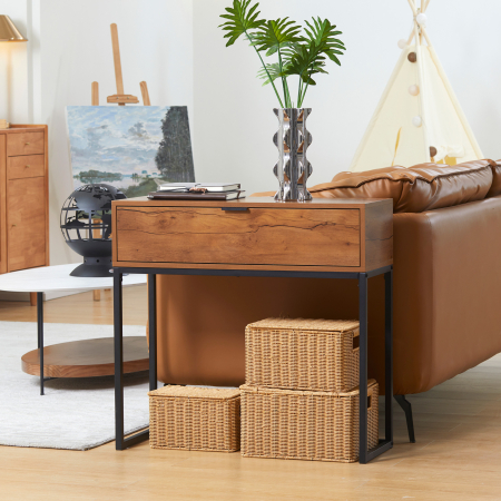  Consola pentru hol cu sertar, masa consola din lemn cu picioare din otel, 80x30x76cm, maro si negru [1]