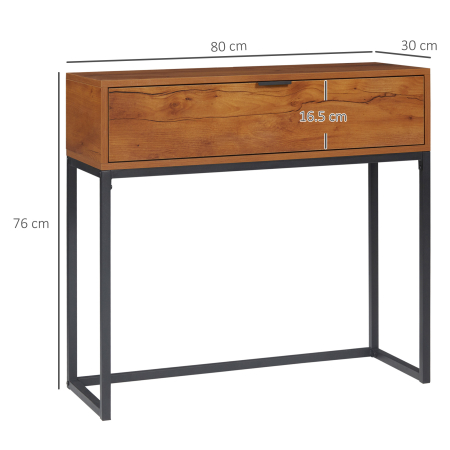  Consola pentru hol cu sertar, masa consola din lemn cu picioare din otel, 80x30x76cm, maro si negru [2]