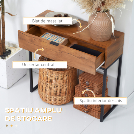  Consola pentru hol cu sertar, masa consola din lemn cu picioare din otel, 80x30x76cm, maro si negru [4]
