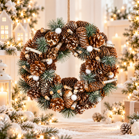 Decoratiuni Craciun - Coronita decorativa cu conuri si ramuri cu sclipici, diametru 34 cm, bej