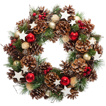 Decoratiuni si figurine - Coronita decorativa cu frunze si conuri, diametru 35 cm, multicolora