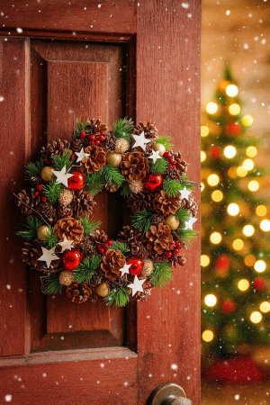 Coronita decorativa cu frunze si conuri, diametru 35 cm, multicolora [2]