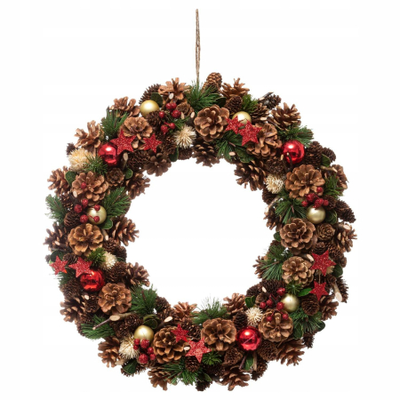 Decoratiuni Craciun - Coronita decorativa cu frunze si conuri, diametru 48 cm, multicolora